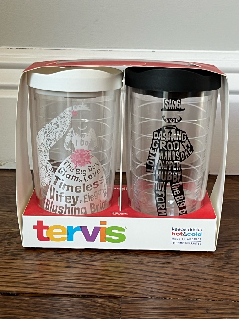 tervis Bride & Groom Clear Tumbler Set with White and Black Lids - NWT
